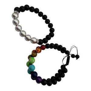 Set of 2 Beaded Stretch Bracelets – Chakra & Matte Black Onyx Style‎ – Unisex